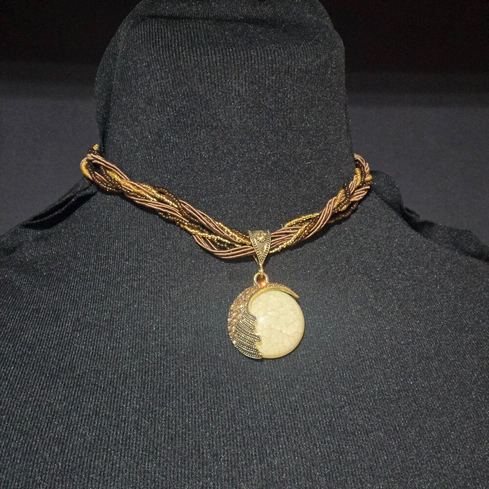 Boho Pendant Necklace Crackle Stone Rhinestone Sun Moon Beaded Vintage Style New